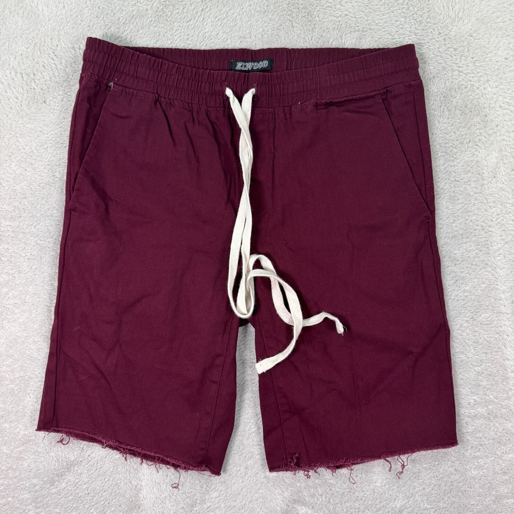 Elwood Sweat Shorts Men Small Maroon Stretch Classic Frayed Hem Drawstring Waist